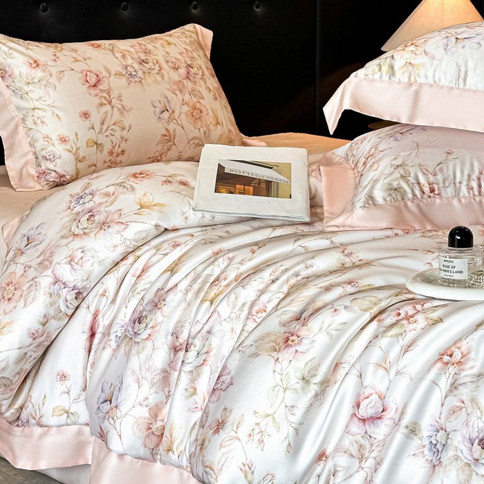 91家纺网 家纺一手货源 找家纺 慕晨 2026新款大宽边高级简奢款凉感天丝莱赛尔数码印花丝滑丝绸四件套直播热款 风栖