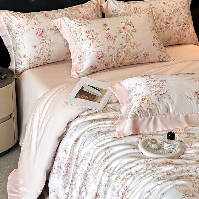 91家纺网 家纺一手货源 找家纺 慕晨 2026新款大宽边高级简奢款凉感天丝莱赛尔数码印花丝滑丝绸四件套直播热款 风栖