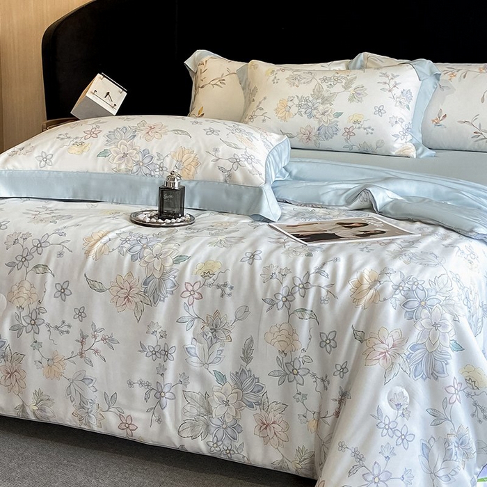 91家纺网 家纺一手货源 找家纺 慕晨 2026新款大宽边天丝莱赛尔数码印花夏被四件套高级简奢款丝滑丝绸直播热款 春日蜜糖 兰