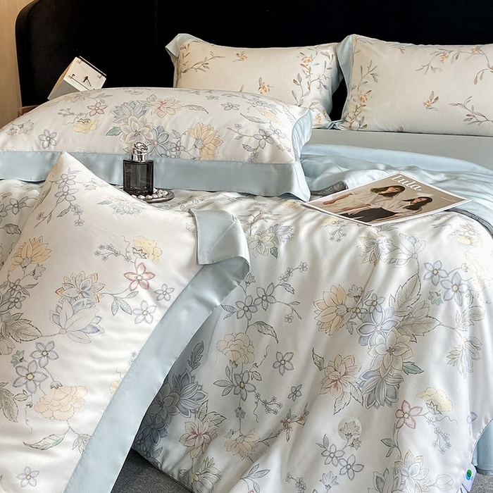 91家纺网 家纺一手货源 找家纺 慕晨 2026新款大宽边天丝莱赛尔数码印花夏被四件套高级简奢款丝滑丝绸直播热款 春日蜜糖 兰