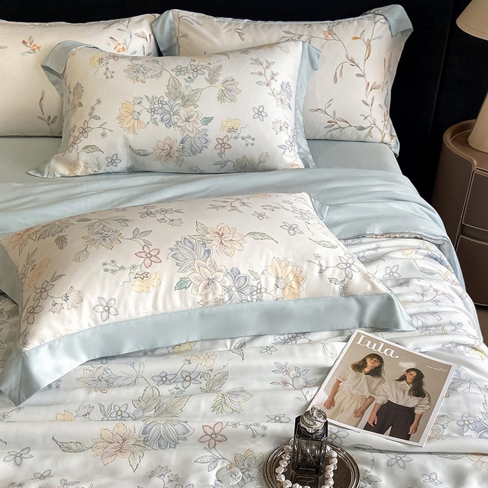 91家纺网 家纺一手货源 找家纺 慕晨 2026新款大宽边天丝莱赛尔数码印花夏被四件套高级简奢款丝滑丝绸直播热款 春日蜜糖 兰