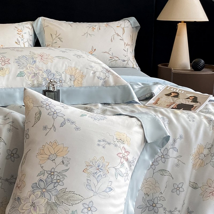 91家纺网 家纺一手货源 找家纺 慕晨 2026新款大宽边天丝莱赛尔数码印花夏被四件套高级简奢款丝滑丝绸直播热款 春日蜜糖 兰