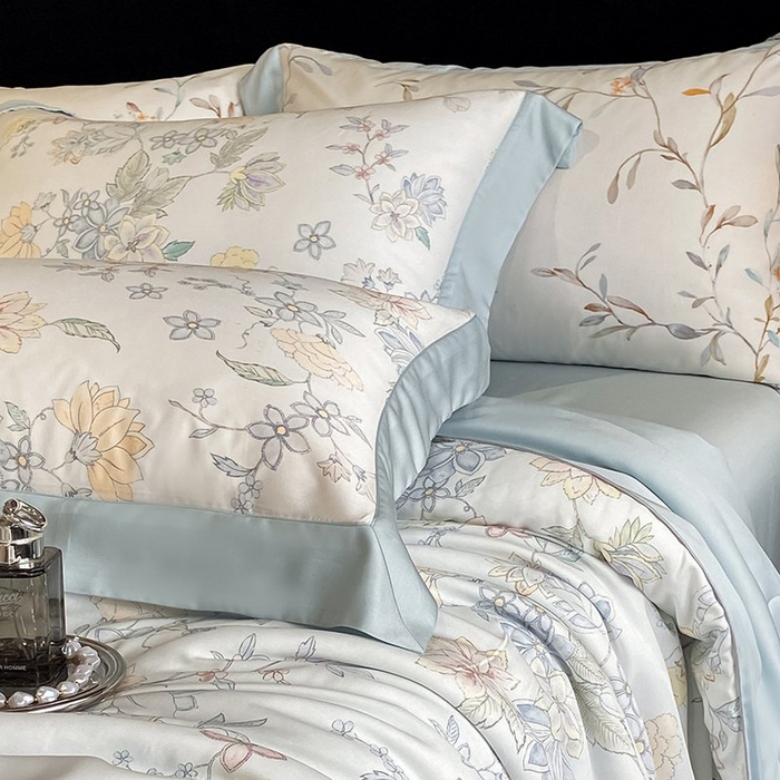 91家纺网 家纺一手货源 找家纺 慕晨 2026新款大宽边天丝莱赛尔数码印花夏被四件套高级简奢款丝滑丝绸直播热款 春日蜜糖 兰