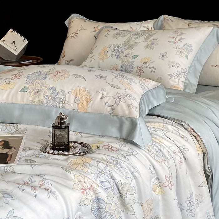 91家纺网 家纺一手货源 找家纺 慕晨 2026新款大宽边天丝莱赛尔数码印花夏被四件套高级简奢款丝滑丝绸直播热款 春日蜜糖 兰