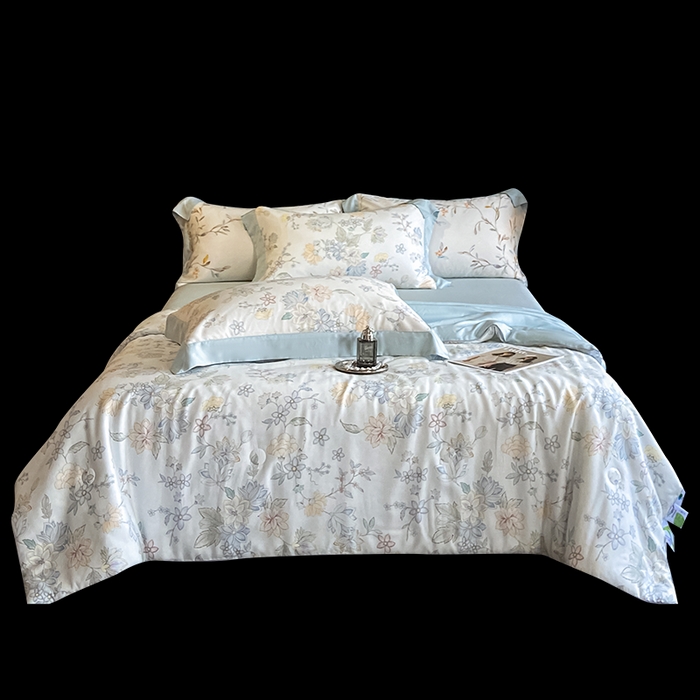 91家纺网 家纺一手货源 找家纺 慕晨 2026新款大宽边天丝莱赛尔数码印花夏被四件套高级简奢款丝滑丝绸直播热款 春日蜜糖 兰