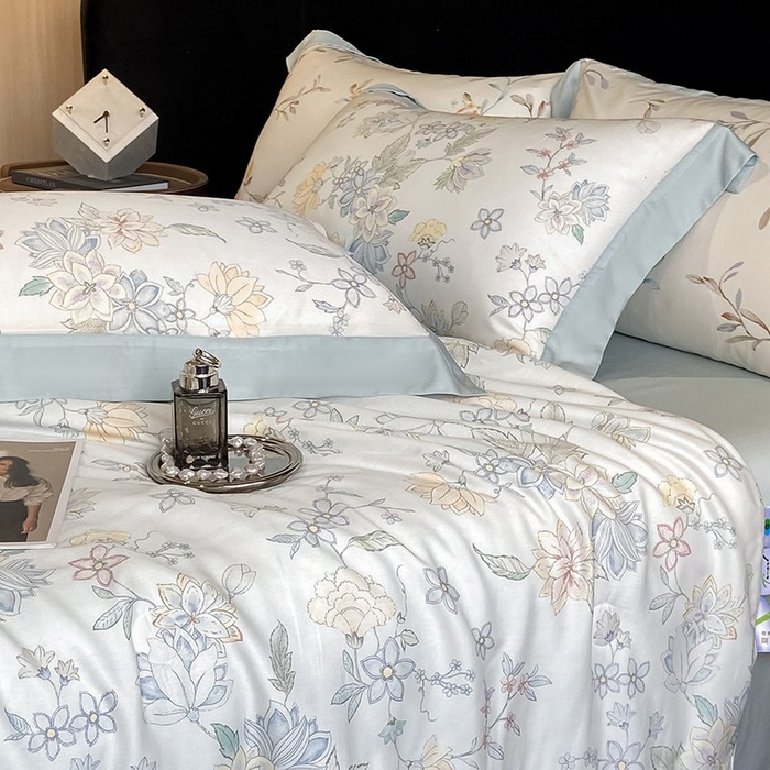 91家纺网 家纺一手货源 找家纺 慕晨 2026新款大宽边天丝莱赛尔数码印花夏被四件套高级简奢款丝滑丝绸直播热款 春日蜜糖 兰