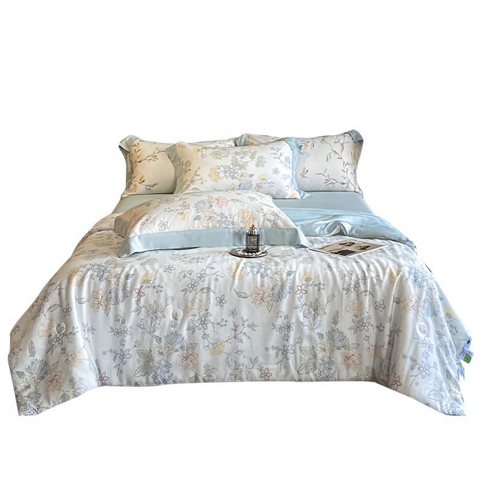 91家纺网 家纺一手货源 找家纺 慕晨 2026新款大宽边天丝莱赛尔数码印花夏被四件套高级简奢款丝滑丝绸直播热款 春日蜜糖 兰