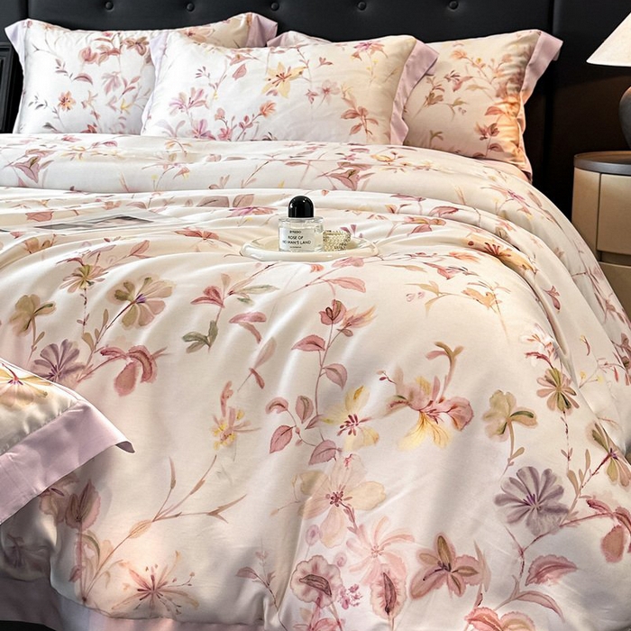 91家纺网 家纺一手货源 找家纺 慕晨 2026新款大宽边高级简奢款凉感天丝莱赛尔数码印花丝滑丝绸四件套直播热款 含芳