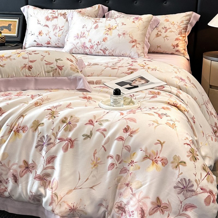 91家纺网 家纺一手货源 找家纺 慕晨 2026新款大宽边高级简奢款凉感天丝莱赛尔数码印花丝滑丝绸四件套直播热款 含芳