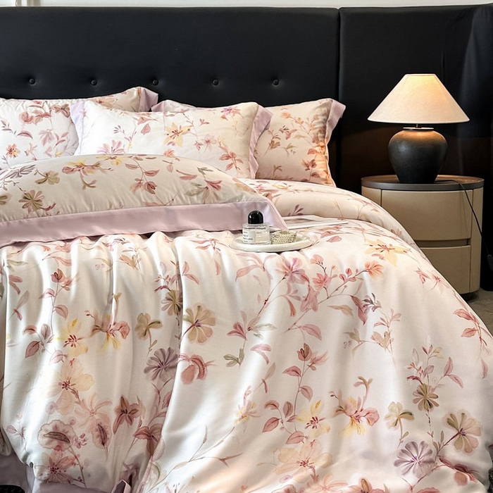 91家纺网 家纺一手货源 找家纺 慕晨 2026新款大宽边高级简奢款凉感天丝莱赛尔数码印花丝滑丝绸四件套直播热款 含芳