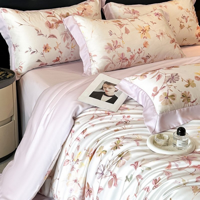 91家纺网 家纺一手货源 找家纺 慕晨 2026新款大宽边高级简奢款凉感天丝莱赛尔数码印花丝滑丝绸四件套直播热款 含芳