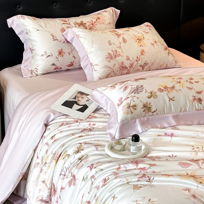 91家纺网 家纺一手货源 找家纺 慕晨 2026新款大宽边高级简奢款凉感天丝莱赛尔数码印花丝滑丝绸四件套直播热款 含芳