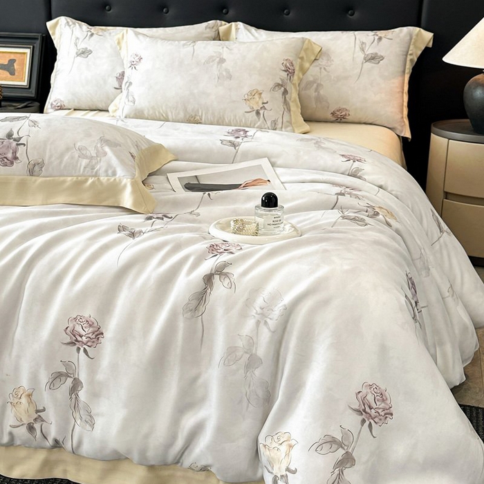 91家纺网 家纺一手货源 找家纺 慕晨 2026新款大宽边高级简奢款凉感天丝莱赛尔数码印花丝滑丝绸四件套直播热款 花道诗