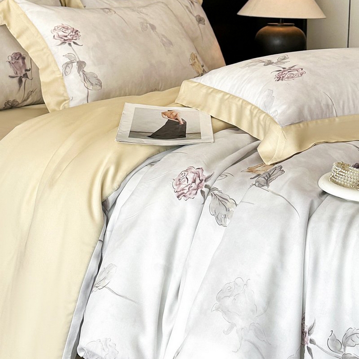 91家纺网 家纺一手货源 找家纺 慕晨 2026新款大宽边高级简奢款凉感天丝莱赛尔数码印花丝滑丝绸四件套直播热款 花道诗