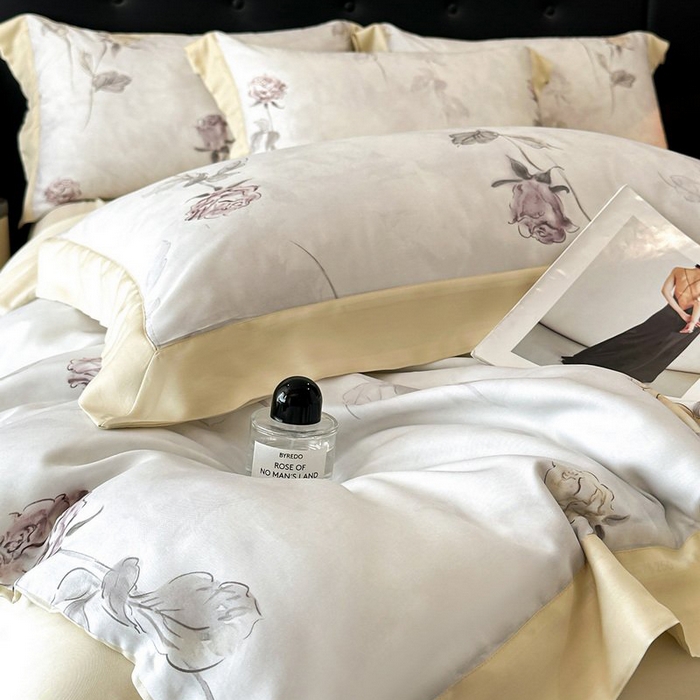 91家纺网 家纺一手货源 找家纺 慕晨 2026新款大宽边高级简奢款凉感天丝莱赛尔数码印花丝滑丝绸四件套直播热款 花道诗