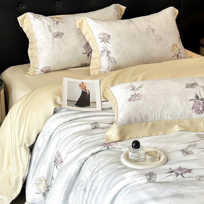 91家纺网 家纺一手货源 找家纺 慕晨 2026新款大宽边高级简奢款凉感天丝莱赛尔数码印花丝滑丝绸四件套直播热款 花道诗