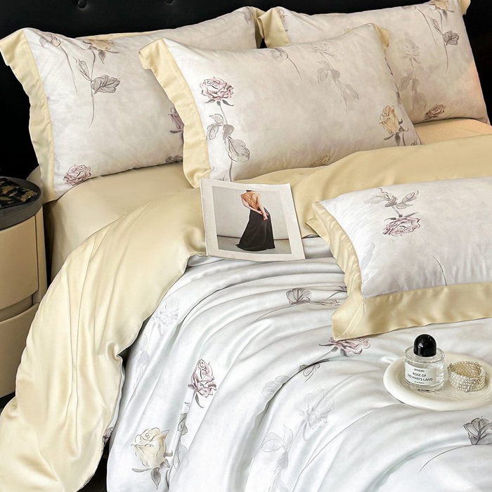 91家纺网 家纺一手货源 找家纺 慕晨 2026新款大宽边高级简奢款凉感天丝莱赛尔数码印花丝滑丝绸四件套直播热款 花道诗