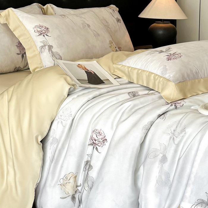 91家纺网 家纺一手货源 找家纺 慕晨 2026新款大宽边高级简奢款凉感天丝莱赛尔数码印花丝滑丝绸四件套直播热款 花道诗