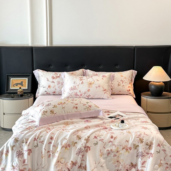 91家纺网 家纺一手货源 找家纺 慕晨 2026新款大宽边天丝莱赛尔数码印花夏被四件套高级简奢款丝滑丝绸直播热款 含芳