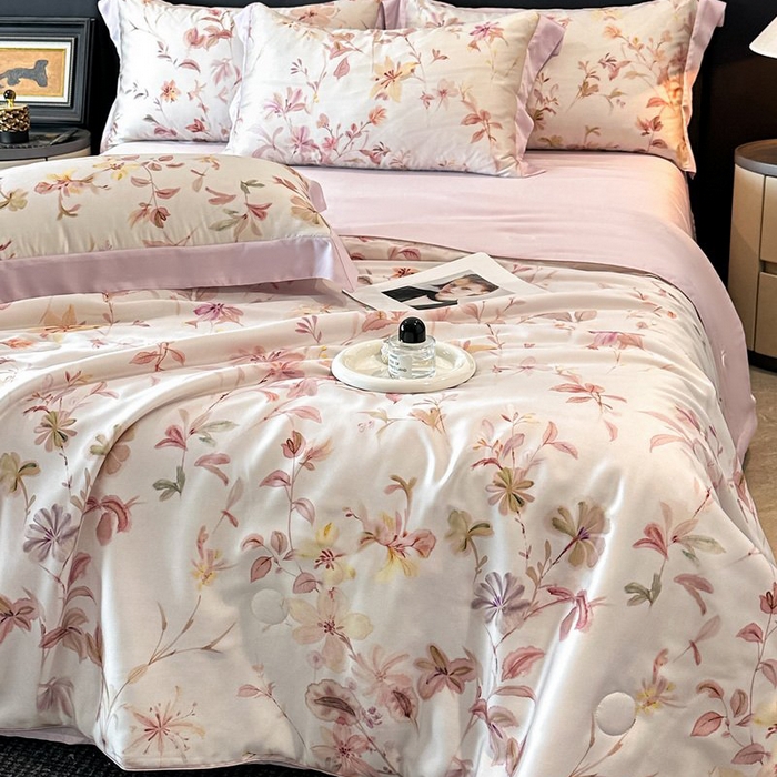 91家纺网 家纺一手货源 找家纺 慕晨 2026新款大宽边天丝莱赛尔数码印花夏被四件套高级简奢款丝滑丝绸直播热款 含芳