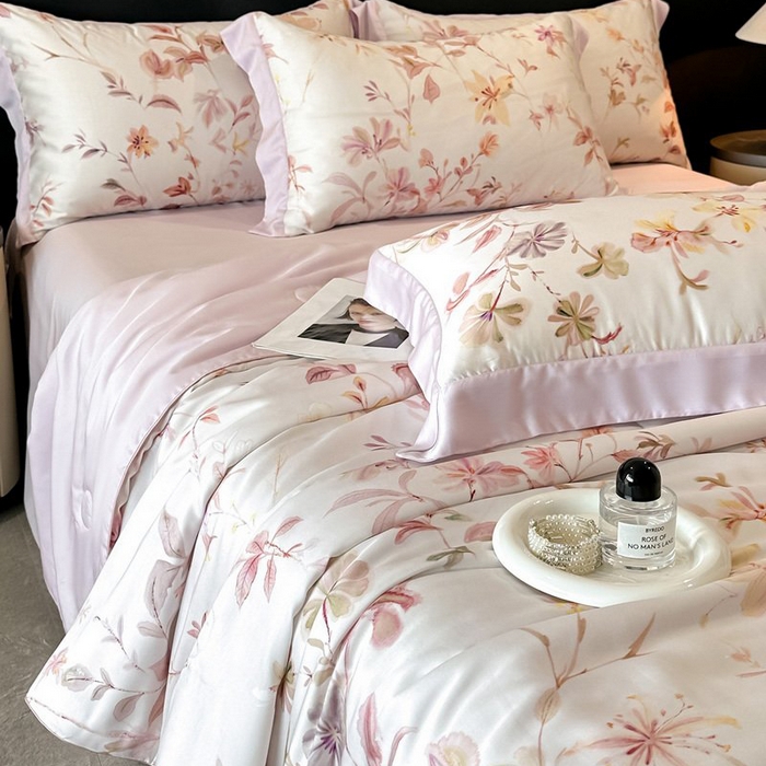 91家纺网 家纺一手货源 找家纺 慕晨 2026新款大宽边天丝莱赛尔数码印花夏被四件套高级简奢款丝滑丝绸直播热款 含芳