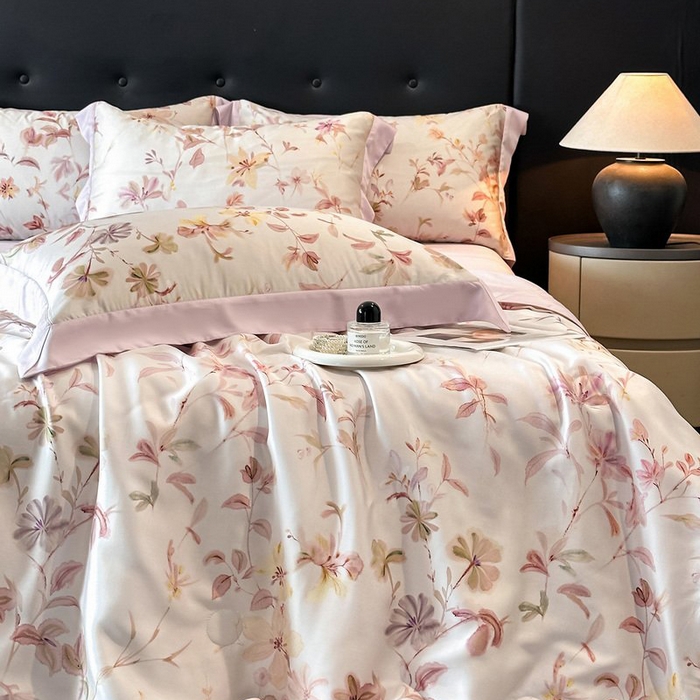 91家纺网 家纺一手货源 找家纺 慕晨 2026新款大宽边天丝莱赛尔数码印花夏被四件套高级简奢款丝滑丝绸直播热款 含芳