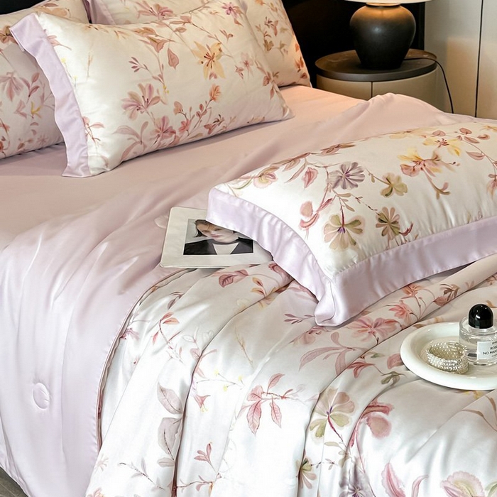 91家纺网 家纺一手货源 找家纺 慕晨 2026新款大宽边天丝莱赛尔数码印花夏被四件套高级简奢款丝滑丝绸直播热款 含芳