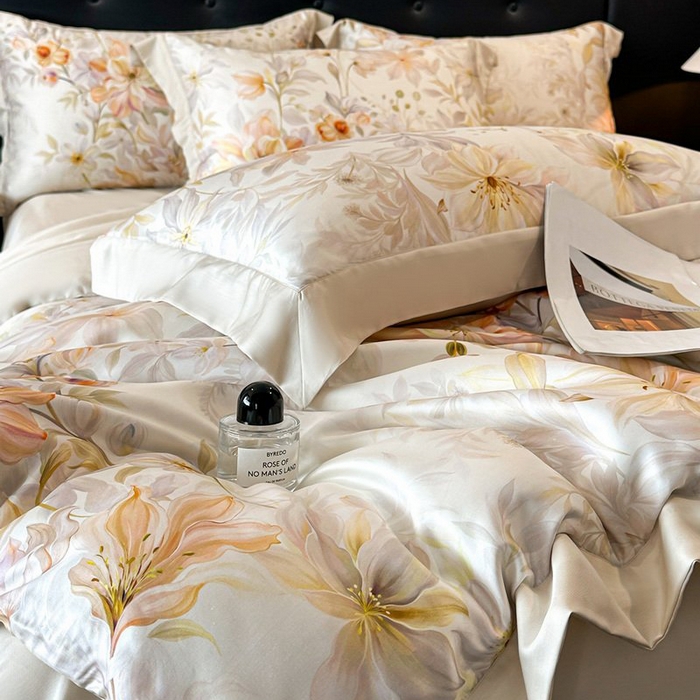 91家纺网 家纺一手货源 找家纺 慕晨 2026新款大宽边高级简奢款凉感天丝莱赛尔数码印花丝滑丝绸四件套直播热款 花吻