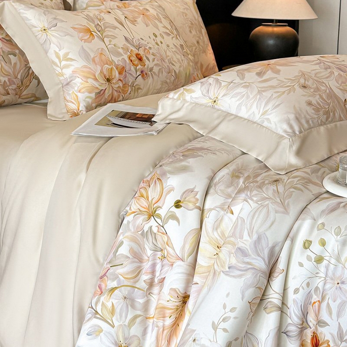 91家纺网 家纺一手货源 找家纺 慕晨 2026新款大宽边高级简奢款凉感天丝莱赛尔数码印花丝滑丝绸四件套直播热款 花吻