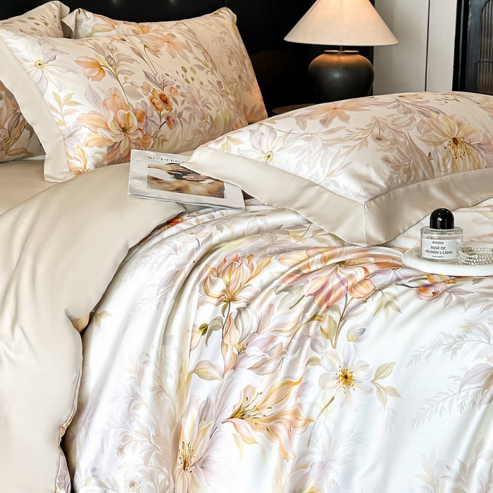 91家纺网 家纺一手货源 找家纺 慕晨 2026新款大宽边高级简奢款凉感天丝莱赛尔数码印花丝滑丝绸四件套直播热款 花吻