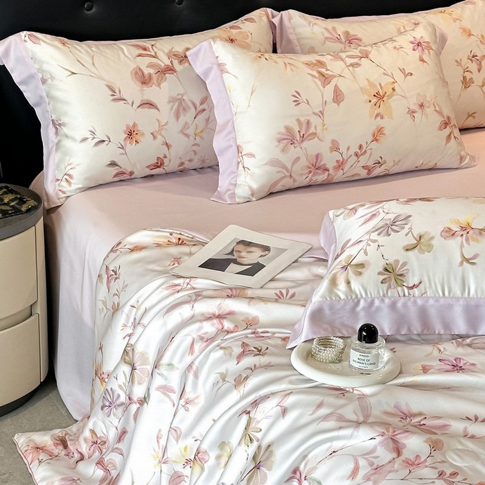 91家纺网 家纺一手货源 找家纺 慕晨 2026新款大宽边天丝莱赛尔数码印花夏被四件套高级简奢款丝滑丝绸直播热款 含芳