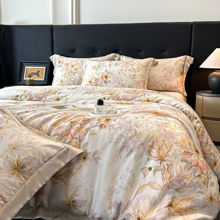 91家纺网 家纺一手货源 找家纺 慕晨 2026新款大宽边高级简奢款凉感天丝莱赛尔数码印花丝滑丝绸四件套直播热款 花吻