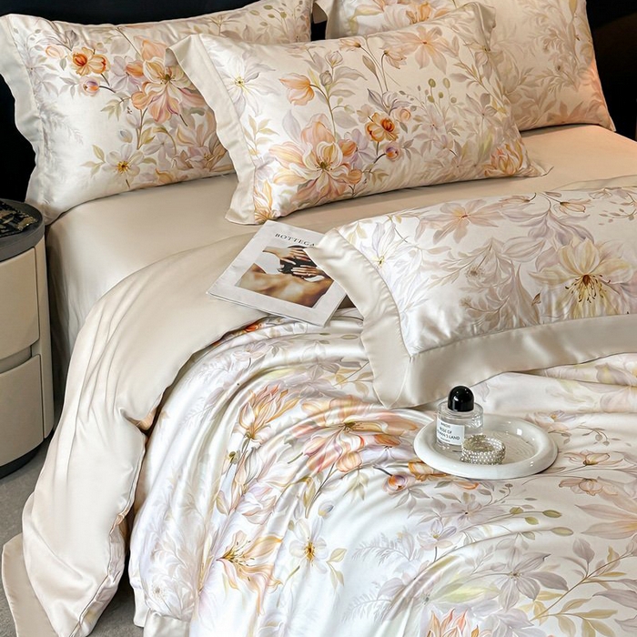 91家纺网 家纺一手货源 找家纺 慕晨 2026新款大宽边高级简奢款凉感天丝莱赛尔数码印花丝滑丝绸四件套直播热款 花吻