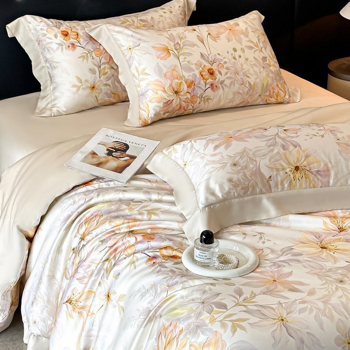 91家纺网 家纺一手货源 找家纺 慕晨 2026新款大宽边高级简奢款凉感天丝莱赛尔数码印花丝滑丝绸四件套直播热款 花吻