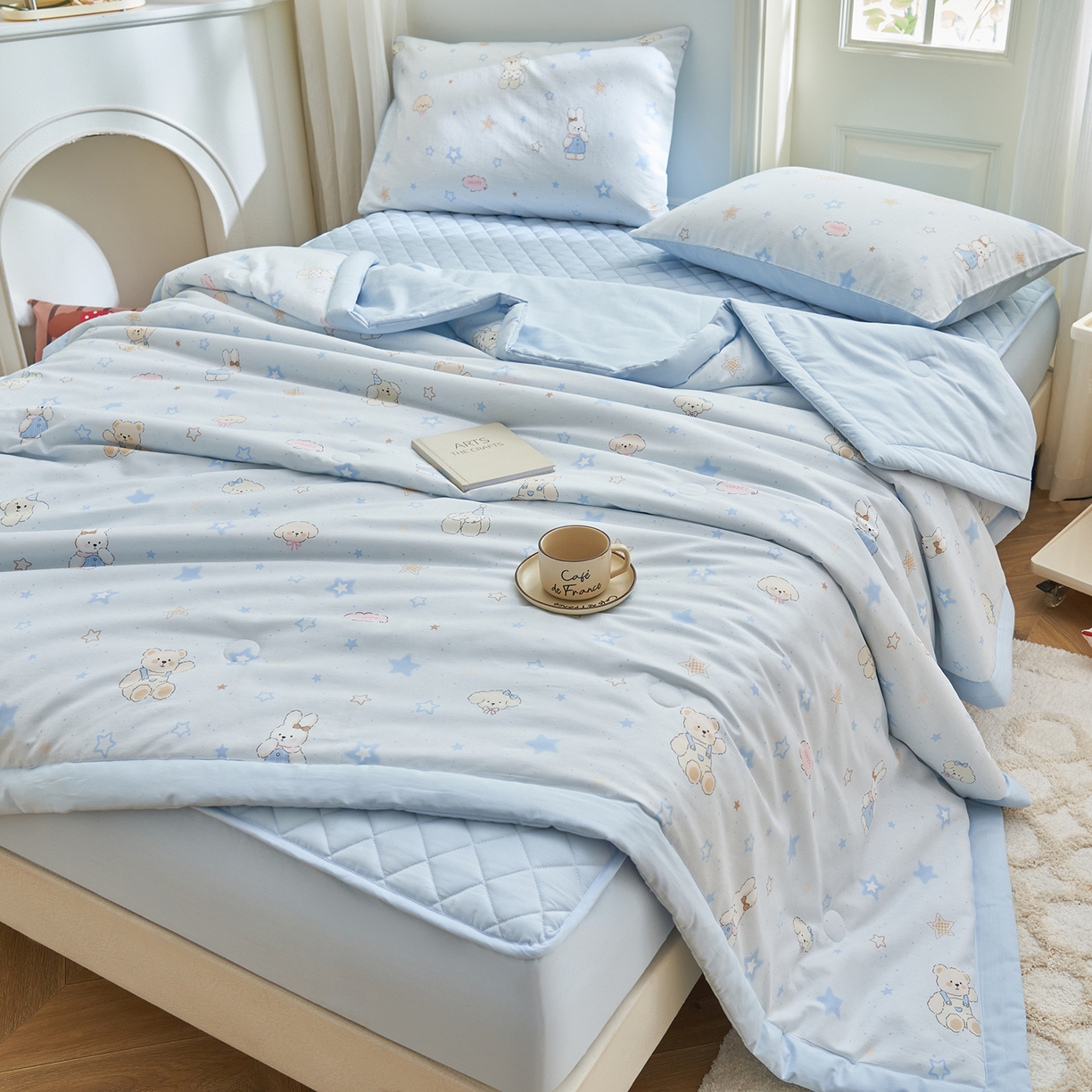 91家纺网 家纺一手货源 找家纺 吾诺家居 吾诺 2026新款 12868全棉印花棉花夏被四件套 全棉夏被四件套新疆棉花被 - 经典系列 蓝星小熊