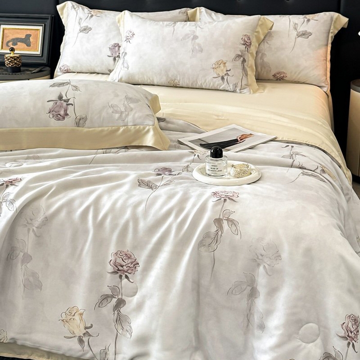 91家纺网 家纺一手货源 找家纺 慕晨 2026新款大宽边天丝莱赛尔数码印花夏被四件套高级简奢款丝滑丝绸直播热款 花道诗