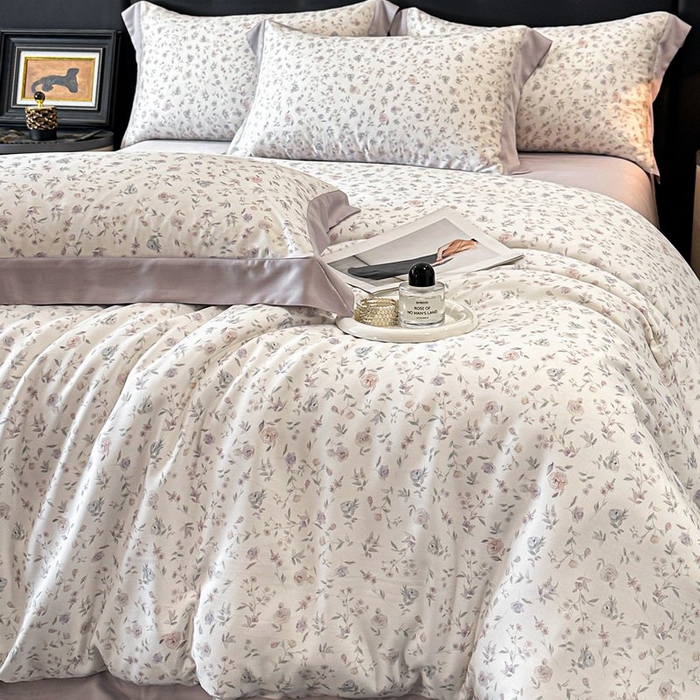 91家纺网 家纺一手货源 找家纺 慕晨 2026新款大宽边高级简奢款凉感天丝莱赛尔数码印花丝滑丝绸四件套直播热款 花絮蔓