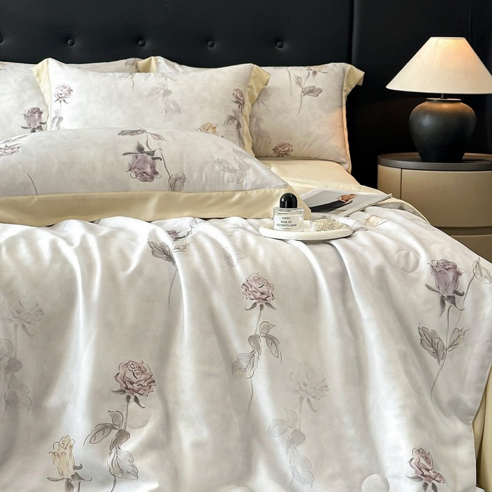 91家纺网 家纺一手货源 找家纺 慕晨 2026新款大宽边天丝莱赛尔数码印花夏被四件套高级简奢款丝滑丝绸直播热款 花道诗