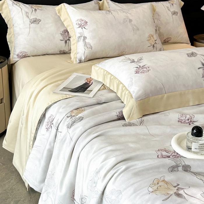 91家纺网 家纺一手货源 找家纺 慕晨 2026新款大宽边天丝莱赛尔数码印花夏被四件套高级简奢款丝滑丝绸直播热款 花道诗