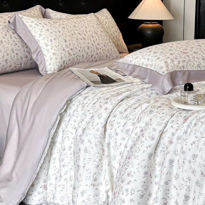 91家纺网 家纺一手货源 找家纺 慕晨 2026新款大宽边高级简奢款凉感天丝莱赛尔数码印花丝滑丝绸四件套直播热款 花絮蔓