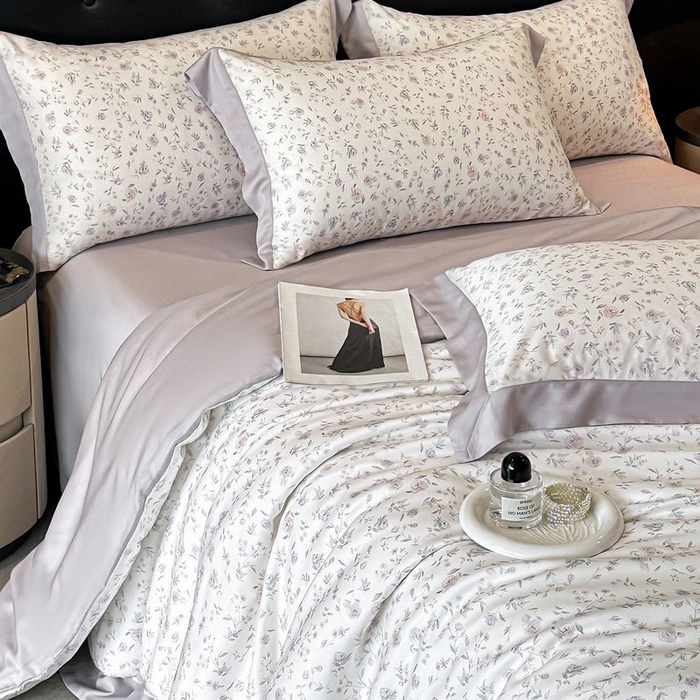 91家纺网 家纺一手货源 找家纺 慕晨 2026新款大宽边高级简奢款凉感天丝莱赛尔数码印花丝滑丝绸四件套直播热款 花絮蔓