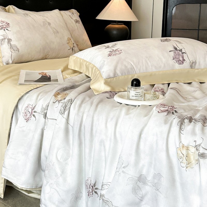 91家纺网 家纺一手货源 找家纺 慕晨 2026新款大宽边天丝莱赛尔数码印花夏被四件套高级简奢款丝滑丝绸直播热款 花道诗