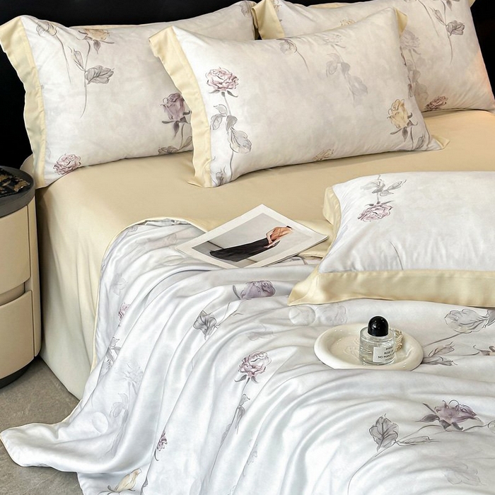 91家纺网 家纺一手货源 找家纺 慕晨 2026新款大宽边天丝莱赛尔数码印花夏被四件套高级简奢款丝滑丝绸直播热款 花道诗