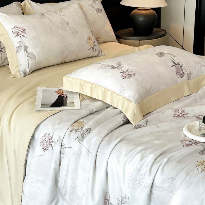 91家纺网 家纺一手货源 找家纺 慕晨 2026新款大宽边天丝莱赛尔数码印花夏被四件套高级简奢款丝滑丝绸直播热款 花道诗