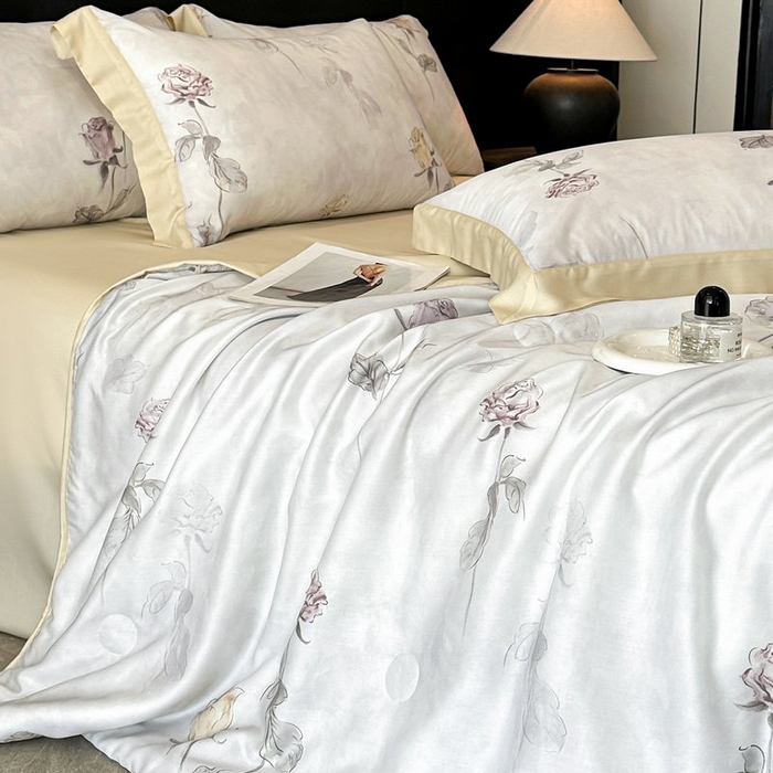 91家纺网 家纺一手货源 找家纺 慕晨 2026新款大宽边天丝莱赛尔数码印花夏被四件套高级简奢款丝滑丝绸直播热款 花道诗