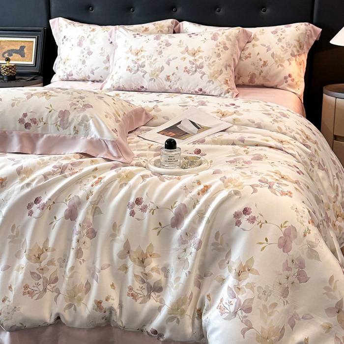 91家纺网 家纺一手货源 找家纺 慕晨 2026新款大宽边高级简奢款凉感天丝莱赛尔数码印花丝滑丝绸四件套直播热款 花颜