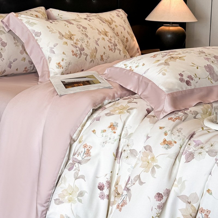 91家纺网 家纺一手货源 找家纺 慕晨 2026新款大宽边高级简奢款凉感天丝莱赛尔数码印花丝滑丝绸四件套直播热款 花颜