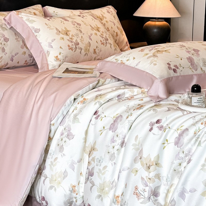 91家纺网 家纺一手货源 找家纺 慕晨 2026新款大宽边高级简奢款凉感天丝莱赛尔数码印花丝滑丝绸四件套直播热款 花颜