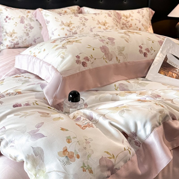 91家纺网 家纺一手货源 找家纺 慕晨 2026新款大宽边高级简奢款凉感天丝莱赛尔数码印花丝滑丝绸四件套直播热款 花颜