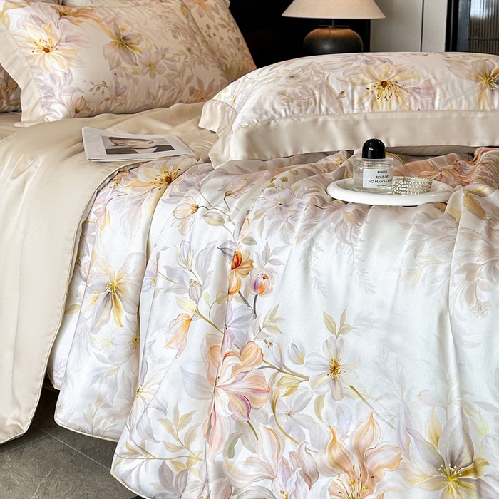 91家纺网 家纺一手货源 找家纺 慕晨 2026新款大宽边天丝莱赛尔数码印花夏被四件套高级简奢款丝滑丝绸直播热款 花吻